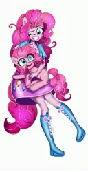 Size: 2089x4096 | Tagged: safe, artist:melanyoprisdraws, artist:opal_radiance, derpibooru import, pinkie pie, earth pony, pony, equestria girls, alternate hairstyle, boots, clothes, duality, duo, female, grin, hug, image, jacket, jpeg, mare, one eye closed, open mouth, ponied up, self paradox, self ponidox, shirt, shoes, simple background, skirt, smiling, spoilers for another series, t-shirt, white background, wink