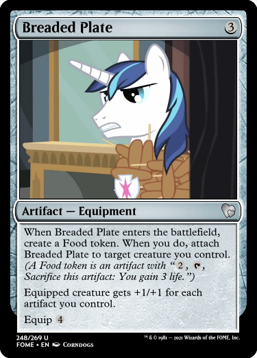 Size: 375x523 | Tagged: safe, derpibooru import, edit, shining armor, unicorn, friendship is witchcraft, ccg, corn, corndog, foaly matripony, food, francis sparkle, image, magic the gathering, meat, outfit made of corndogs, png, sausage, trading card, trading card edit