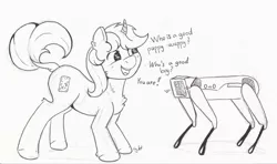 Size: 2277x1345 | Tagged: safe, artist:lightisanasshole, derpibooru import, oc, oc:dorm pony, robot, unicorn, blushing, boston dynamics, curved horn, funny, horn, image, jpeg, kneeling, marker, owo, sketch, talking, text, traditional art