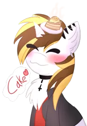 Size: 1239x1778 | Tagged: safe, artist:pasteldraws, artist:sroka001, derpibooru import, oc, oc:srok, pony, unicorn, :3, cake, chest fluff, choker, cute, ear piercing, earring, fluffy, food, image, jewelry, necktie, piercing, png, redesign, simple background, smiling, solo, transparent background