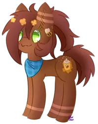 Size: 1461x1836 | Tagged: safe, artist:pasteldraws, derpibooru import, oc, oc:honey blossom, bee, earth pony, insect, pony, clothes, cute, flower, food, freckles, honey, image, png, redesign, scarf, simple background, solo, transparent background