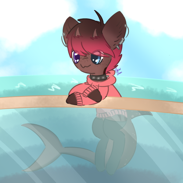 Size: 2000x2000 | Tagged: safe, artist:pasteldraws, derpibooru import, oc, original species, pony, shark, shark pony, clothes, cloud, cloudy, collar, ear piercing, earring, freckles, heterochromia, hoodie, horns, image, jewelry, ocean, piercing, png, socks, solo