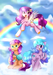 Size: 905x1274 | Tagged: safe, artist:little crab crab, artist:starflashing twinkle, derpibooru import, izzy moonbow, pipp petals, sunny starscout, earth pony, pegasus, pony, unicorn, adorapipp, badge, bag, bracelet, braid, chest fluff, cloud, cute, cutie mark, female, flying, g5, image, izzybetes, jewelry, jewels, looking at you, mare, medal, one eye closed, open mouth, png, rainbow, raised hoof, signature, sitting, sky, smiling, spread wings, spreading, sunlight, sunnybetes, tongue out, trio, unshorn fetlocks, wings, wink