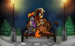 Size: 4096x2515 | Tagged: safe, alternate version, artist:deraniel, derpibooru import, oc, oc:digidash, oc:grimvale, gryphon, pegasus, pony, bench, clothes, couple, drink, gay, image, male, night, park, png, romantic, scarf, sitting, winter