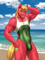 Size: 4500x6000 | Tagged: suggestive, alternate version, artist:mykegreywolf, derpibooru import, big macintosh, anthro, earth pony, abs, absurd resolution, beach, belly button, clothes, crossdressing, crotch bulge, cutie mark, fetish, freckles, image, jpeg, looking at you, male, male nipples, muscle fetish, muscles, muscular male, nipples, nudity, ocean, one-piece swimsuit, outdoors, sand, smiling, solo, solo male, swimsuit