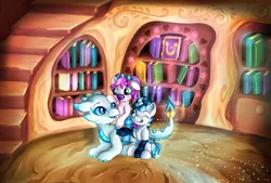 Size: 1280x865 | Tagged: safe, artist:appleneedle, derpibooru import, oc, dragon, pegasus, pony, unicorn, art, baby, book, bookshelf, character, commission, digital, draw, drawing, evening, fanart, female, filly, friends, golden oaks library, image, joy144sk, jpeg, library, magic, paint, painting, patreon, reward, stairs