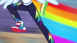 Size: 1280x720 | Tagged: safe, derpibooru import, screencap, rainbow dash, equestria girls, equestria girls series, run to break free, spoiler:eqg series (season 2), clothes, converse, faceless female, female, hoodie, image, jumping, offscreen character, png, rainbow trail, shoes, wings