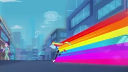 Size: 1280x720 | Tagged: safe, derpibooru import, screencap, rainbow dash, equestria girls, equestria girls series, run to break free, spoiler:eqg series (season 2), car, clothes, converse, female, image, png, ponied up, rainbow trail, running, shoes, wings