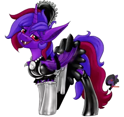 Size: 1184x1113 | Tagged: suggestive, artist:brainiac, derpibooru import, oc, oc:violet rose ze vampony, unofficial characters only, alicorn, bat pony, bat pony alicorn, pony, bat wings, clothes, female, horn, image, latex, latex dress, latex maid dress, latex socks, looking at you, maid, mare, png, simple background, socks, solo, transparent background, wings