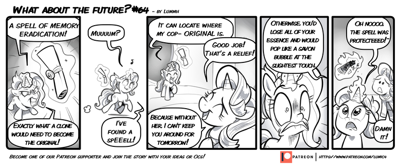 Size: 3908x1600 | Tagged: safe, artist:lummh, derpibooru import, luster dawn, starlight glimmer, unicorn, comic:what about the future, the last problem, clone, comic, fire, floppy ears, glowing horn, horn, image, jpeg, magic, monochrome, older, older starlight glimmer, speech bubble, telekinesis