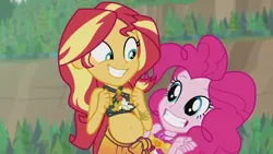 Size: 1920x1080 | Tagged: safe, artist:wanderingeditor, derpibooru import, edit, edited screencap, screencap, pinkie pie, sunset shimmer, human, equestria girls, equestria girls series, unsolved selfie mysteries, beach, belly, belly button, bikini, breast edit, breasts, clothes, duo, duo female, female, grin, image, png, pregnant, pregnant edit, pregnant equestria girls, sarong, smiling, sunset preggers, swimsuit