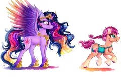 Size: 3900x2400 | Tagged: safe, artist:stainedglasslighthea, derpibooru import, princess twilight 2.0, sunny starscout, twilight sparkle, twilight sparkle (alicorn), alicorn, earth pony, pony, the last problem, bag, crown, duo, female, g5, hoof shoes, image, jewelry, mare, markings, older, older twilight, open mouth, png, raised hoof, raised leg, regalia, simple background, white background