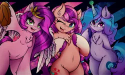 Size: 4096x2457 | Tagged: safe, artist:canvymamamoo, derpibooru import, izzy moonbow, pipp petals, sunny starscout, anthro, earth pony, pegasus, pony, unicorn, abstract background, ball, belly button, bipedal, breasts, chest fluff, ear fluff, female, g5, heart eyes, horn, horn guard, horn impalement, hornball, image, izzy's tennis ball, jpeg, looking at you, mare, one eye closed, open mouth, smiling, tennis ball, trio, unshorn fetlocks, wingding eyes, wink, winking at you