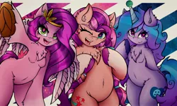 Size: 4096x2457 | Tagged: safe, alternate version, artist:canvymamamoo, derpibooru import, izzy moonbow, pipp petals, sunny starscout, anthro, earth pony, pegasus, pony, unicorn, abstract background, ball, belly button, bipedal, breasts, chest fluff, ear fluff, female, g5, heart eyes, horn, horn guard, horn impalement, hornball, image, izzy's tennis ball, jpeg, looking at you, mare, one eye closed, open mouth, smiling, tennis ball, trio, unshorn fetlocks, wingding eyes, wink, winking at you