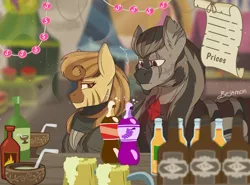 Size: 4096x3038 | Tagged: safe, artist:besomb1tch, derpibooru import, oc, pony, zebra, fallout equestria, apple cider, caps, cover, drink, female, foe, image, male, market, png, sparkle cola, zebra oc