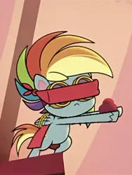 Size: 3024x4032 | Tagged: safe, derpibooru import, screencap, rainbow dash, pegasus, pony, my little pony: pony life, spoiler:pony life s02e20, bipedal, blindfold, cropped, female, image, jpeg, little miss fortune, rope, solo