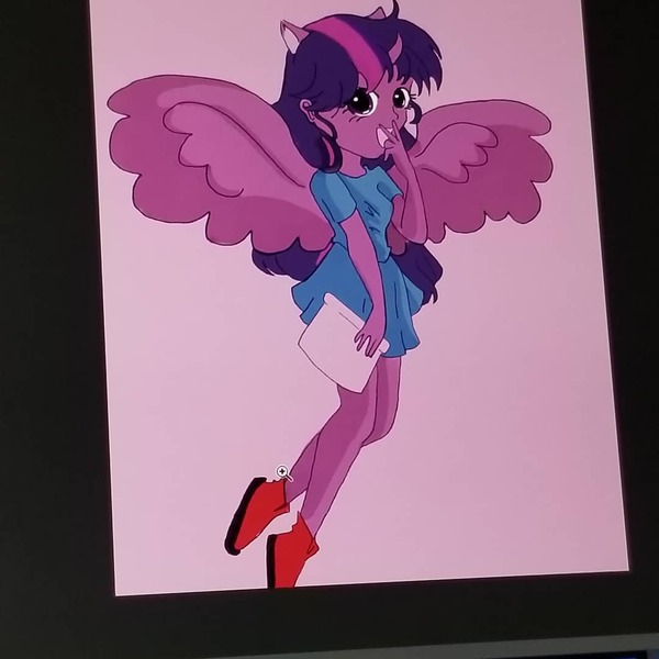 Size: 1080x1080 | Tagged: safe, alternate version, artist:vyckykenyon, derpibooru import, twilight sparkle, alicorn, human, alicorn humanization, clothes, colored, horn, horned humanization, humanized, image, jpeg, open mouth, shoes, smiling, solo, spread wings, traditional art, twilight sparkle (alicorn), winged humanization, wings