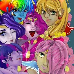 Size: 953x953 | Tagged: safe, artist:vyckykenyon, derpibooru import, applejack, fluttershy, pinkie pie, rainbow dash, rarity, twilight sparkle, equestria girls, bust, choker, crossover, ear piercing, eyes closed, female, hair over one eye, image, jewelry, jpeg, lipstick, mane six, one eye closed, open mouth, piercing, sailor moon, smiling, tattoo, tiara, tongue out, wink