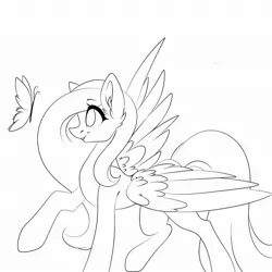 Size: 1080x1080 | Tagged: safe, artist:tessa_key_, derpibooru import, fluttershy, butterfly, insect, pegasus, pony, ear fluff, eyelashes, female, flying, image, jpeg, lineart, mare, monochrome, raised hoof, simple background, solo, white background