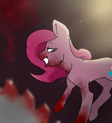 Size: 1000x1100 | Tagged: semi-grimdark, artist:cookietasticx3, derpibooru import, pinkie pie, earth pony, pony, fanfic:cupcakes, blood, female, grin, image, mare, pinkamena diane pie, png, raised hoof, saw, smiling, solo