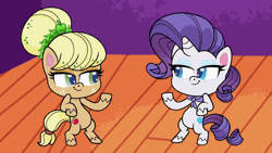 Size: 800x450 | Tagged: safe, derpibooru import, screencap, applejack, rarity, earth pony, unicorn, my little pony: pony life, spoiler:pony life s02e24, alternate hairstyle, animated, bipedal, clothes, eyes closed, freckles, gif, image, looking at each other, mad props, scarf, smiling