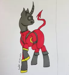 Size: 2796x3051 | Tagged: safe, artist:agdapl, derpibooru import, ponified, pony, unicorn, boots, clothes, crossover, gas mask, horn, image, jpeg, looking back, male, mask, pyro, raised hoof, shoes, signature, solo, stallion, team fortress 2, traditional art