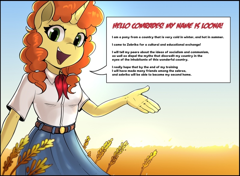 Size: 1280x942 | Tagged: safe, artist:felixf, derpibooru import, oc, oc:loona, anthro, unicorn, anthro oc, comics, communism, dialogue box, image, jpeg, pioneer