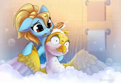 Size: 1308x894 | Tagged: safe, artist:anti1mozg, derpibooru import, oc, oc:beaky, oc:brave blossom, unofficial characters only, gryphon, pegasus, pony, fanfic:yellow feathers, bath, bathing, bathroom, brushie, brushing, bubble, catbird, duo, female, griffon oc, image, jpeg, male, mother and child, mother and son, pegasus oc, scared, shower, towel, wings