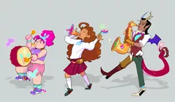 Size: 1970x1148 | Tagged: safe, artist:stevetwisp, derpibooru import, cheese sandwich, discord, pinkie pie, draconequus, human, bass drum, bells, boots, bowtie, cheese sandwich being cheese sandwich, chubbie pie, chubby, clothes, curly hair, cutie mark, cutie mark on clothes, discord being discord, ear piercing, earring, facial hair, freckles, gauntlet, goatee, horns, humanized, image, jewelry, jpeg, kazoo, kilt, kneesocks, mallet, marching, midriff, musical instrument, piercing, pinkie being pinkie, polka dots, ponytail, random, saxophone, shoes, shorts, socks, sporran, tambourine, tartan, trumpet, waistcoat, wings