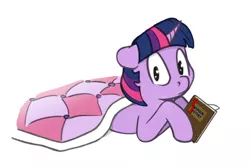 Size: 845x565 | Tagged: safe, artist:s.l.guinefort, color edit, derpibooru import, edit, editor:vedont, twilight sparkle, pony, unicorn, blanket, book, colored, female, image, jpeg, looking at you, mare, simple background, sketch, solo, white background