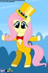 Size: 1000x1500 | Tagged: safe, artist:thread8, derpibooru import, fluttershy, pony, bipedal, clothes, costume, crossover, gold, golf, golf blitz, hat, image, png, solo, sports, top hat, tux
