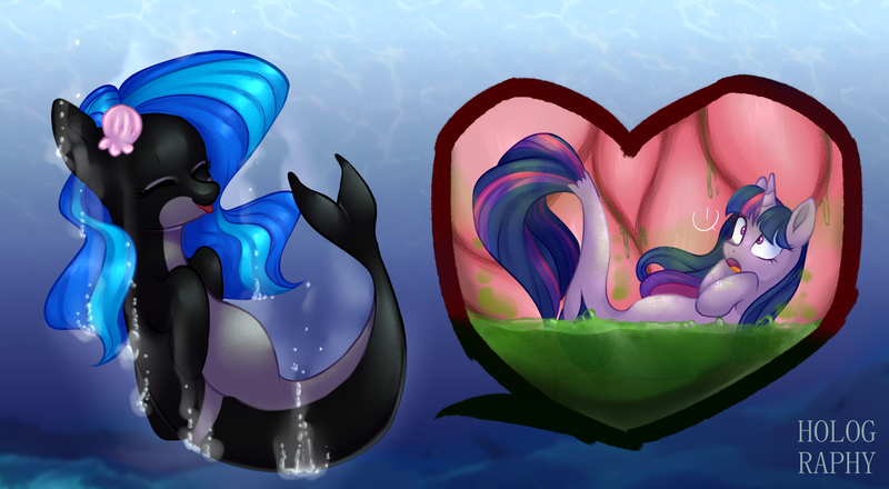 Size: 2770x1524 | Tagged: questionable, artist:holographichornybun, derpibooru import, twilight sparkle, oc, sea pony, belly, female, image, internal, png, predator, prey, seaponified, shell, species swap, stomach acid, vore, whalepony, x-ray