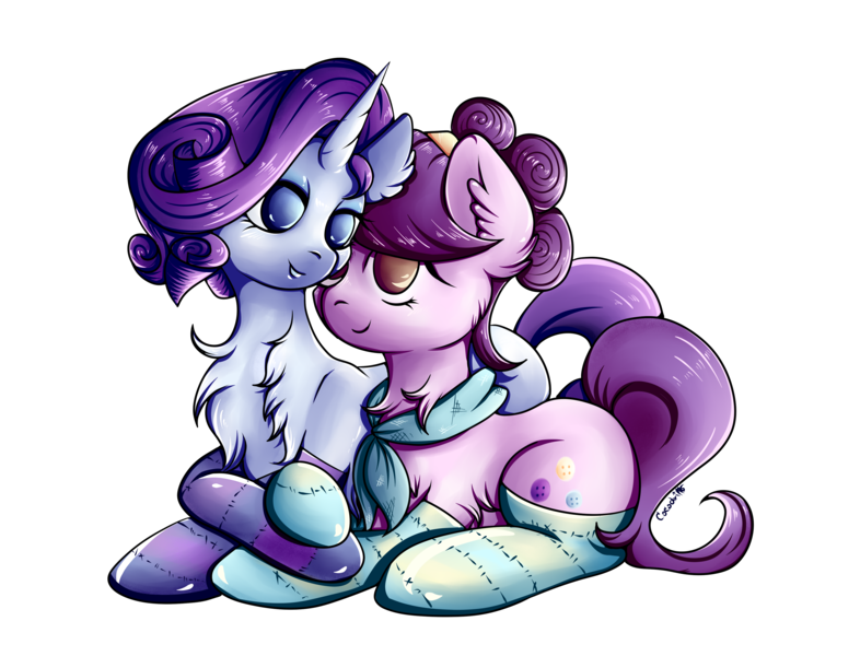 Size: 3947x3013 | Tagged: safe, artist:coco-drillo, derpibooru import, rarity, suri polomare, earth pony, pony, unicorn, alternate hairstyle, chest fluff, clothes, couple, cuddling, ear fluff, female, holding hooves, image, leaning, lesbian, looking at each other, lying down, png, scarf, shipping, simple background, smiling, socks, stockings, striped socks, surity, thigh highs, transparent background