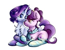 Size: 3947x3013 | Tagged: safe, artist:coco-drillo, derpibooru import, rarity, suri polomare, earth pony, pony, unicorn, alternate hairstyle, chest fluff, clothes, couple, cuddling, ear fluff, female, holding hooves, image, leaning, lesbian, looking at each other, lying down, png, scarf, shipping, simple background, smiling, socks, stockings, striped socks, surity, thigh highs, transparent background