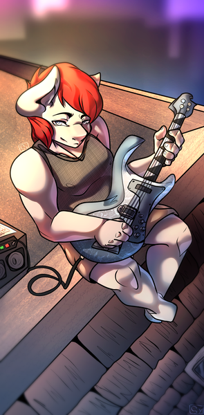Size: 1080x2200 | Tagged: safe, artist:misfit, derpibooru import, oc, oc:bolt, anthro, amplifier, bass guitar, chubby, fishnets, image, looking at you, musical instrument, phone wallpaper, png, rooftop, sitting