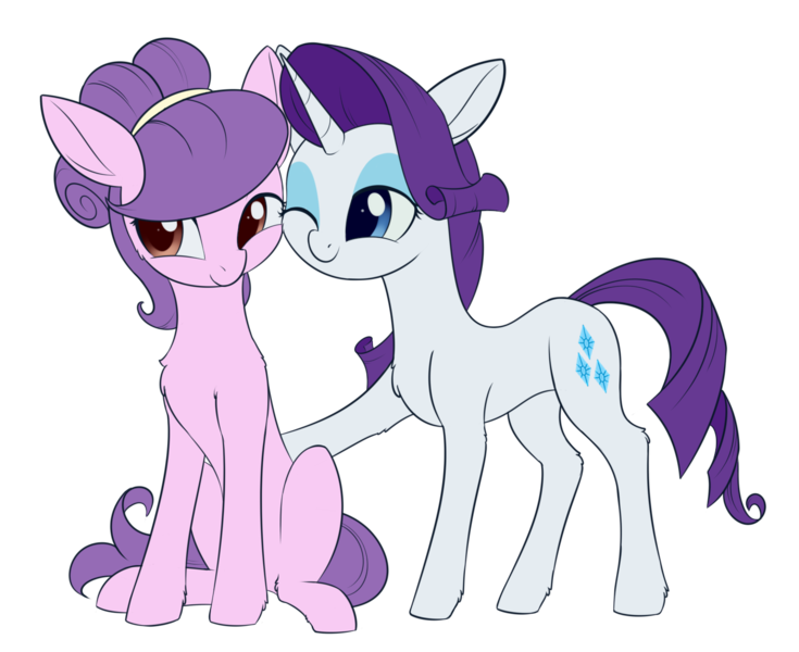 Size: 1496x1222 | Tagged: safe, artist:dusthiel, derpibooru import, rarity, suri polomare, earth pony, pony, unicorn, commission, eyeshadow, female, hug, image, lesbian, makeup, mare, one eye closed, png, raised hoof, shipping, simple background, sitting, surity, transparent background, wink