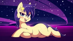 Size: 3840x2160 | Tagged: safe, artist:shydale, derpibooru import, seven seas, star dancer, earth pony, pony, my little pony: the manga, bedroom eyes, belly, belly button, blushing, cute, female, image, lidded eyes, looking at you, lying down, mare, open mouth, patreon exclusive, png, prone, sky, solo, space pony, stars