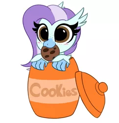 Size: 1987x2048 | Tagged: safe, artist:kittyrosie, derpibooru import, oc, oc:ocean breeze, classical hippogriff, hippogriff, beak, beak hold, blushing, chocolate chip cookies, commission, cookie, cookie jar, cute, food, hippogriff oc, image, jpeg, nom, oceanbetes, solo, ych result, your character here