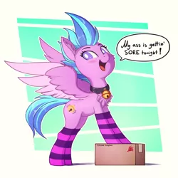 Size: 1950x1950 | Tagged: suggestive, artist:shydale, derpibooru import, oc, oc:sleighbell, unofficial characters only, pegasus, pony, :d, abstract background, bell, bell collar, blushing, box, chest fluff, choker, clothes, collar, cute, ear fluff, image, implied dildo, lewd, male, patreon exclusive, png, silicone sculpture, smiling, socks, solo, striped socks, text, trap