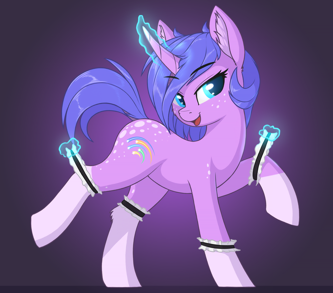 Size: 2500x2200 | Tagged: safe, artist:shydale, derpibooru import, oc, oc:startrail, unofficial characters only, pony, unicorn, abstract background, dappled, ear fluff, female, freckles, frilly, garter, garters, gradient background, image, magic, mare, patreon exclusive, png, raised leg, socks (coat marking), solo, spots, telekinesis