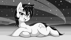 Size: 3840x2160 | Tagged: safe, artist:shydale, derpibooru import, seven seas, star dancer, earth pony, pony, my little pony: the manga, bedroom eyes, belly, belly button, blushing, cute, female, image, looking at you, mare, monochrome, open mouth, patreon exclusive, png, prone, solo, stars