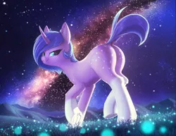 Size: 4075x3149 | Tagged: safe, alternate version, artist:shydale, derpibooru import, oc, oc:startrail, unofficial characters only, pony, unicorn, butt, dappled, dock, ear fluff, female, freckles, galaxy, image, looking back, mare, night, night sky, patreon exclusive, plot, png, raised hoof, raised tail, scenery, scenery porn, sky, smug, socks (coat marking), solo, spots, stars, tail