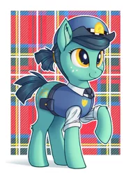 Size: 1500x2000 | Tagged: safe, artist:shydale, derpibooru import, leigh stride, earth pony, pony, spoiler:comic, spoiler:comic83, abstract background, butt freckles, female, freckles, image, mare, patreon exclusive, png, police badge, police hat, police pony, police uniform, rolled up sleeves, solo