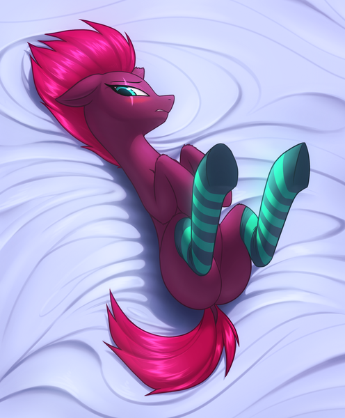 Size: 1950x2360 | Tagged: suggestive, artist:shydale, derpibooru import, fizzlepop berrytwist, tempest shadow, pony, unicorn, my little pony: the movie, adorasexy, bed, blushing, broken horn, clothes, colored pupils, cute, dock, eye scar, featureless crotch, female, horn, image, laying on bed, looking at you, mare, on back, on bed, patreon exclusive, png, scar, sexy, sheet, shy, socks, solo, solo female, striped socks, stupid sexy tempest shadow, teal eyes, tempass, tempestbetes, tsundere