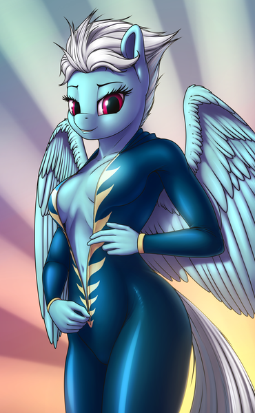 Size: 1995x3238 | Tagged: suggestive, artist:shydale, derpibooru import, fleetfoot, anthro, ass, bedroom eyes, bodysuit, breasts, busty fleetfoot, butt, clothes, curvy, female, image, latex, latex suit, no bra underneath, patreon exclusive, png, skintight clothes, solo, solo female, stripping, stupid sexy fleetfoot, thighs, undressing, uniform, unzipped, unzipping, wonderbolts uniform