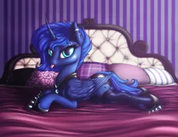 Size: 3300x2550 | Tagged: suggestive, artist:shydale, derpibooru import, princess luna, alicorn, pony, :p, alternate hairstyle, bed, clothes, female, image, looking at you, nylon, patreon exclusive, piercing, png, prone, socks, solo, solo female, spikes, tongue out, tongue piercing, torn clothes
