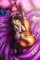 Size: 3000x4500 | Tagged: safe, artist:shydale, derpibooru import, octavia melody, earth pony, pony, bed, cello, clothes, eyes closed, female, image, jpeg, mare, musical instrument, patreon exclusive, pillow, sleeping, socks, solo
