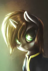 Size: 3000x4500 | Tagged: safe, artist:shydale, derpibooru import, oc, oc:littlepip, unofficial characters only, pony, unicorn, fallout equestria, fanfic, abstract background, bust, clothes, fanfic art, female, horn, image, jpeg, mare, patreon exclusive, portrait, solo, vault suit