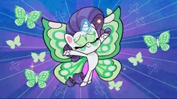 Size: 2048x1155 | Tagged: safe, derpibooru import, screencap, rarity, butterfly, insect, pony, unicorn, my little pony: pony life, spoiler:pony life s02e22, butterfly wings, eyes closed, glowing horn, horn, image, jpeg, magic, magic aura, showing off, the shows must go on, wings