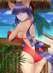 Size: 939x1280 | Tagged: safe, artist:winnigrette, derpibooru import, oc, unofficial characters only, anthro, earth pony, ass, beach, big breasts, breasts, butt, clothes, cloud, coconut, commission, digital art, female, food, hut, image, jpeg, looking at you, looking back, looking back at you, ocean, one-piece swimsuit, rear view, sand, sideboob, sky, solo, solo female, swimsuit, tail, thighs, wide hips, ych result